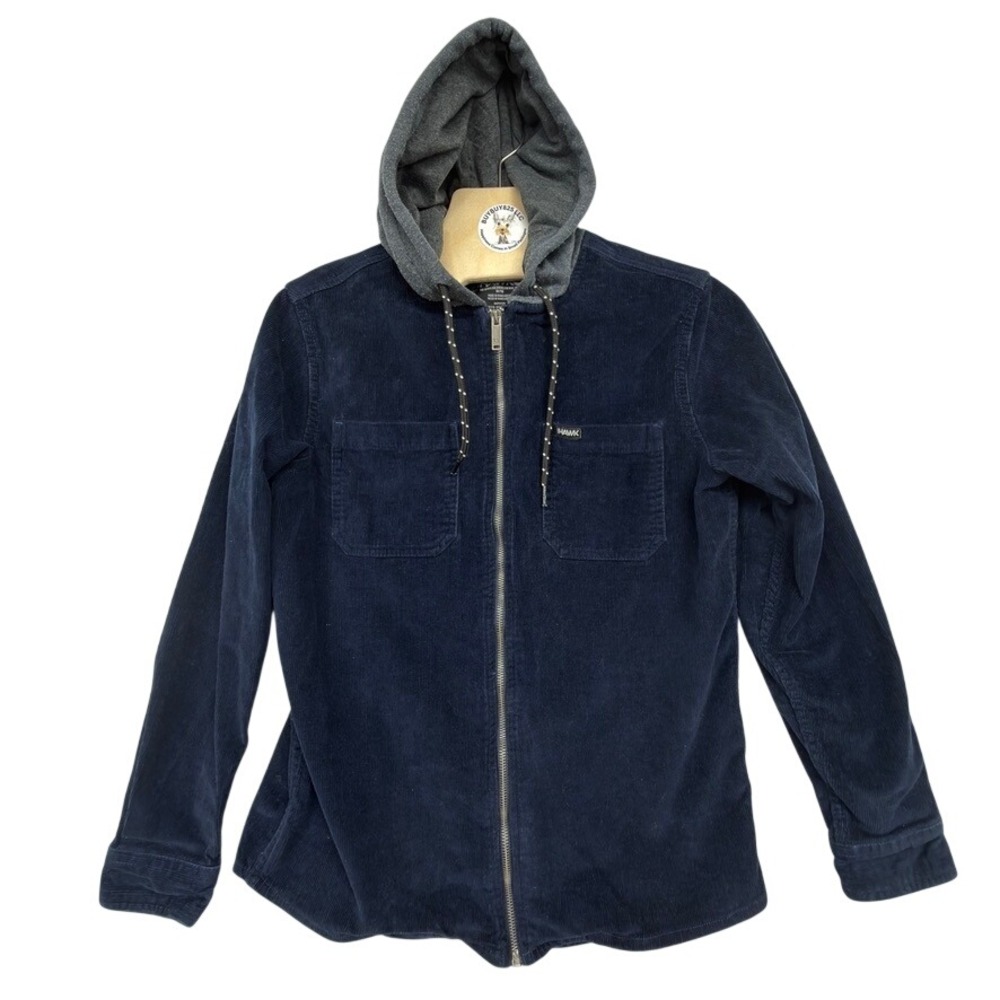 Hawk Navy‎ Corduroy Full Zip Hooded Shirt Jacket Men